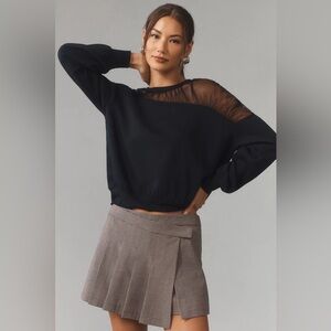 Maeve Anthropologie Sheer Shoulder Mixed Material Black Pullover Knit Top Sz L